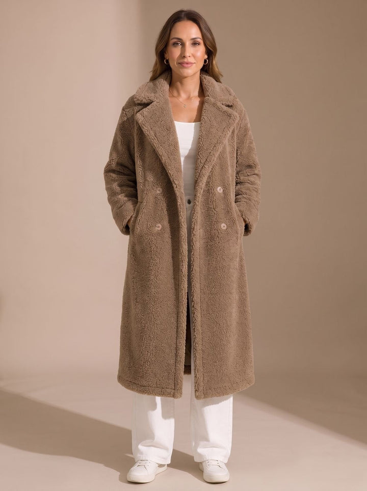 Jade | Women's Faux Fur Coat Long Double-Breasted Teddy Coat Beige