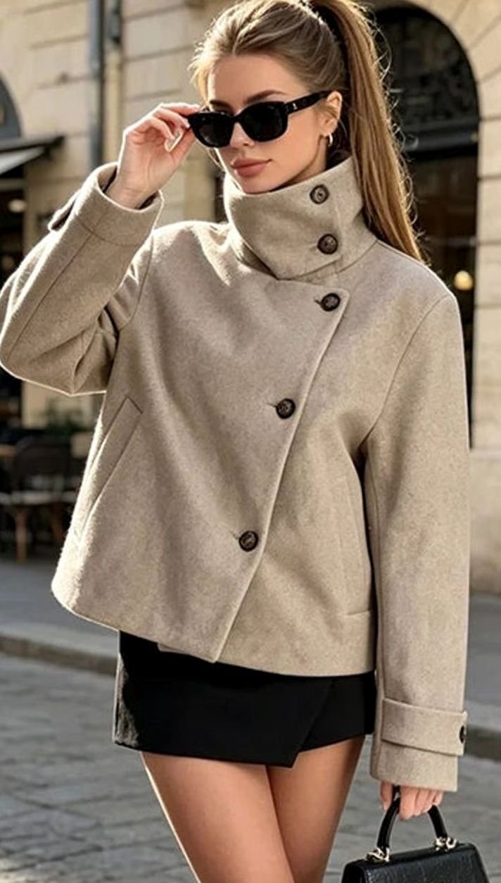 Sarah | Women's Vintage Stand Collar Wool Coat Short with Buttons