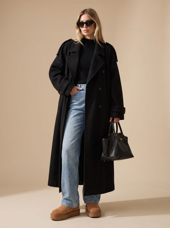 Nataly | Women's Wool Coat Double-Breasted Belted Trench Coat with Notched Collar