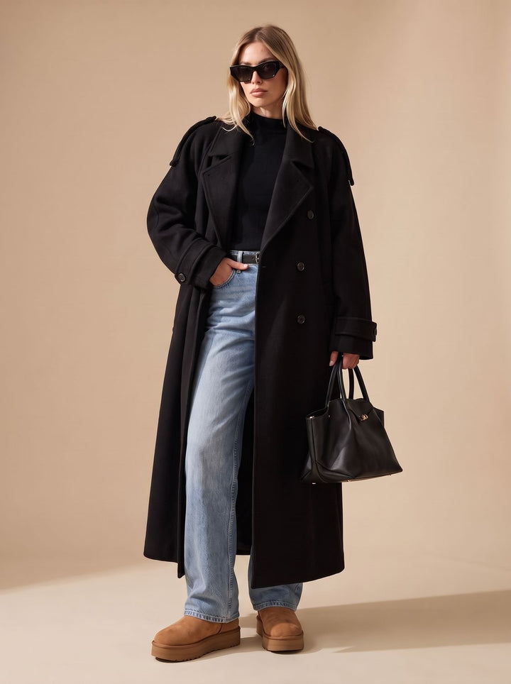 Nataly | Women's Wool Coat Double-Breasted Belted Trench Coat with Notched Collar