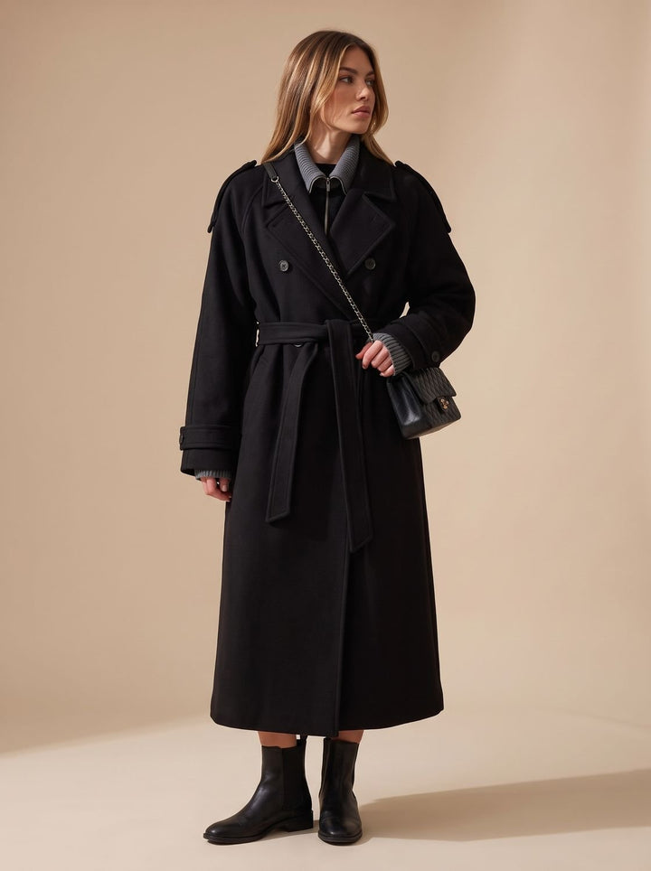 Nataly | Women's Wool Coat Double-Breasted Belted Trench Coat with Notched Collar