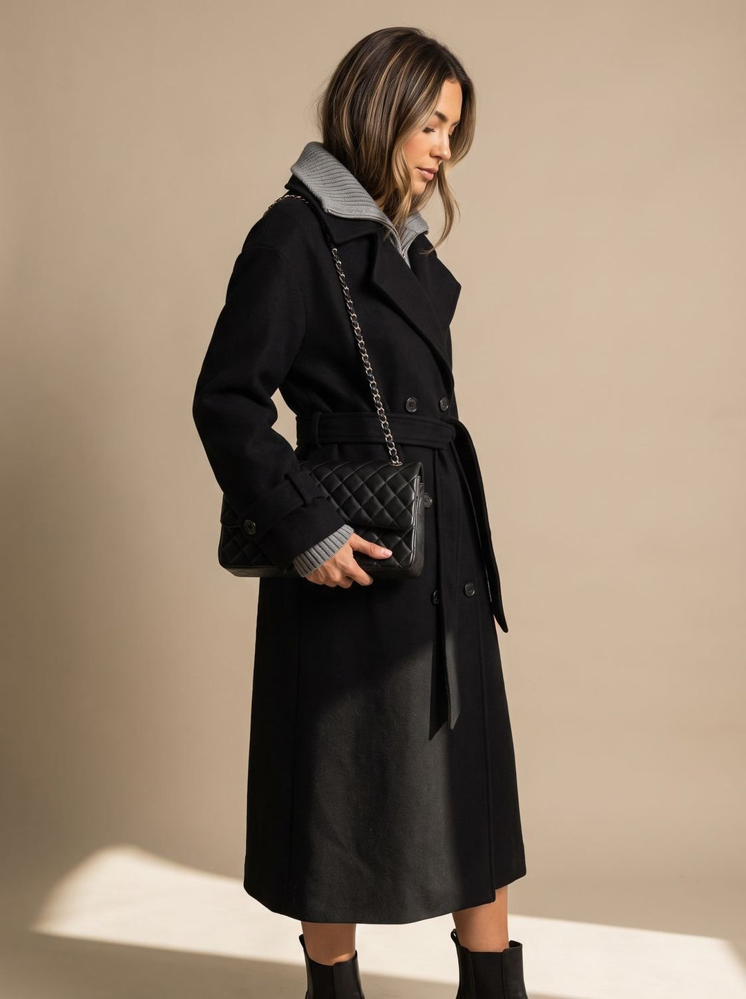 Nataly | Women's Wool Coat Double-Breasted Belted Trench Coat with Notched Collar