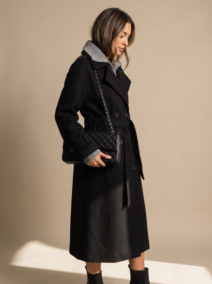 Nataly | Women's Wool Coat Double-Breasted Belted Trench Coat with Notched Collar