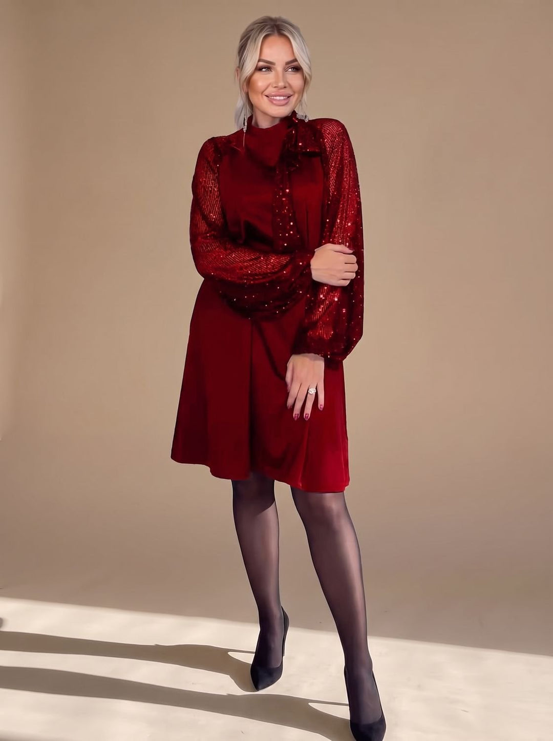 Hannah | Ladies Velvet Sequin Dress with Bow Long Sleeve