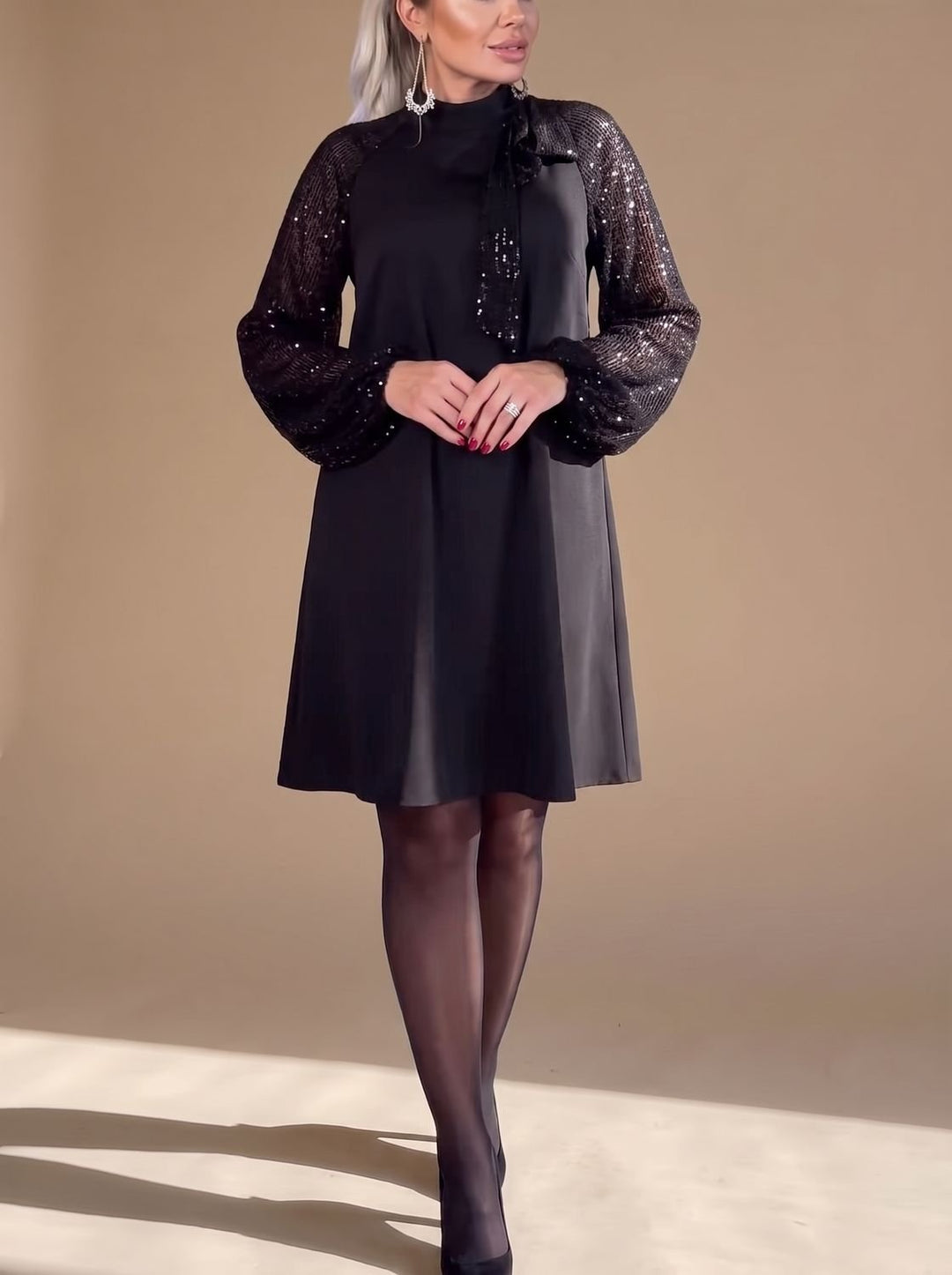 Hannah | Ladies Velvet Sequin Dress with Bow Long Sleeve