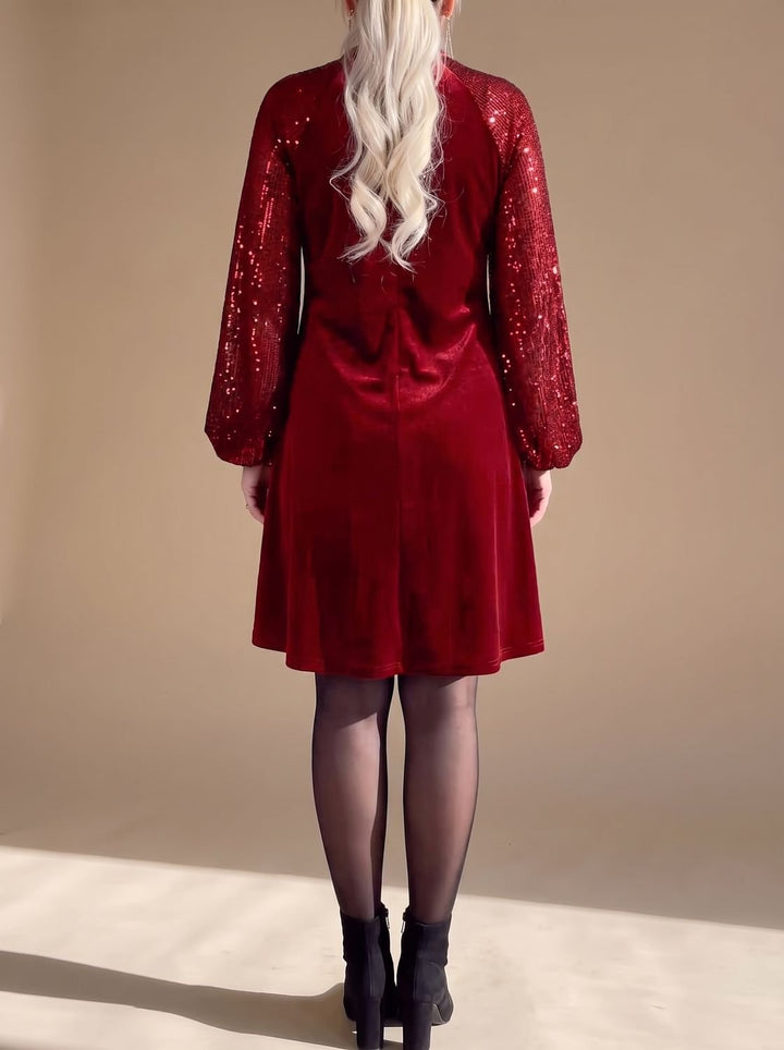 Hannah | Ladies Velvet Sequin Dress with Bow Long Sleeve