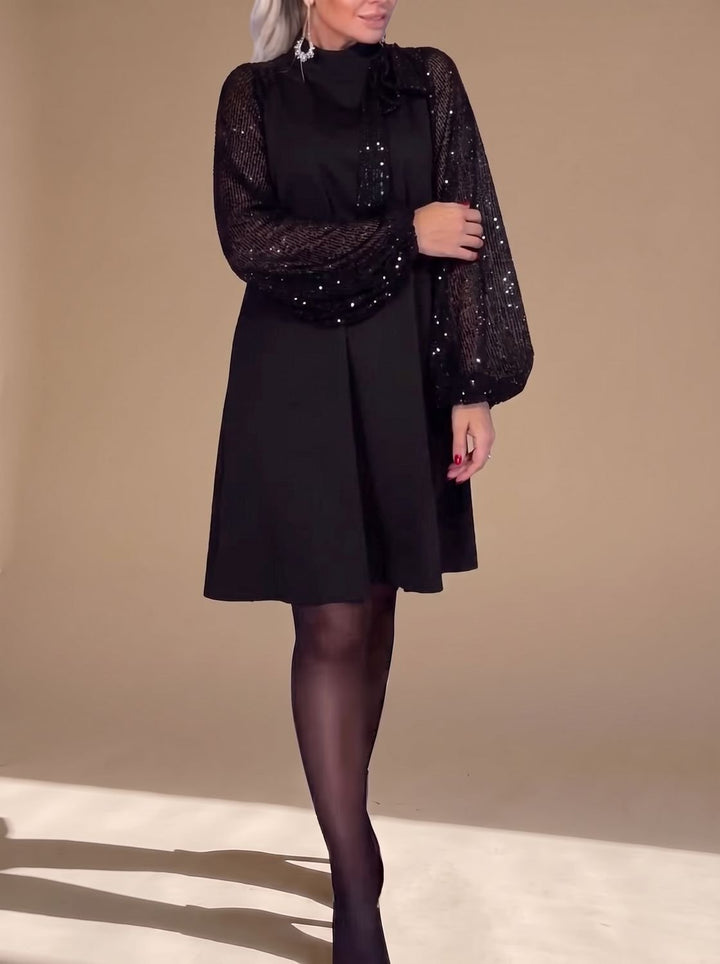Hannah | Ladies Velvet Sequin Dress with Bow Long Sleeve