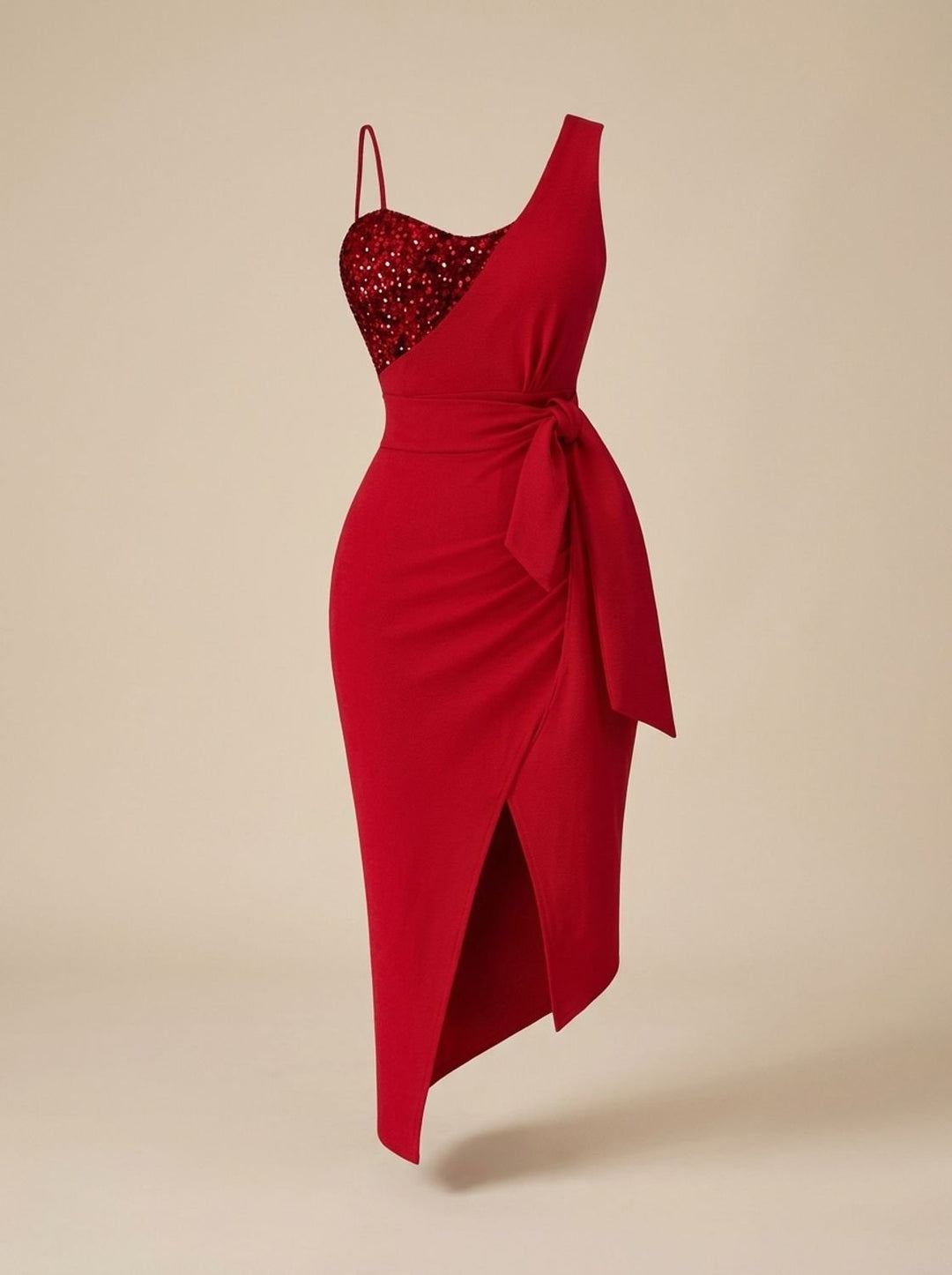 Freya | Ladies Sequin One-Shoulder Evening Dress with Bow Belt
