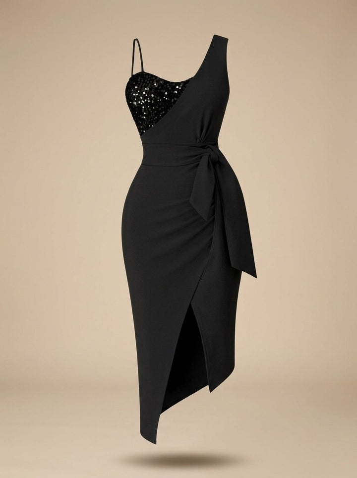 Freya | Ladies Sequin One-Shoulder Evening Dress with Bow Belt
