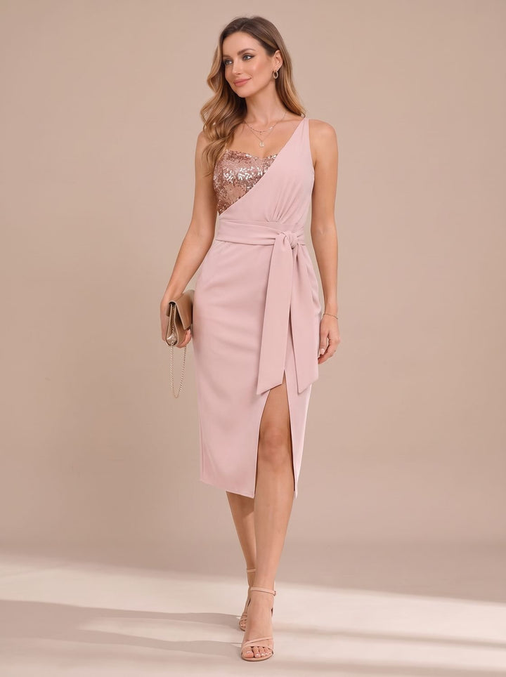 Freya | Ladies Sequin One-Shoulder Evening Dress with Bow Belt