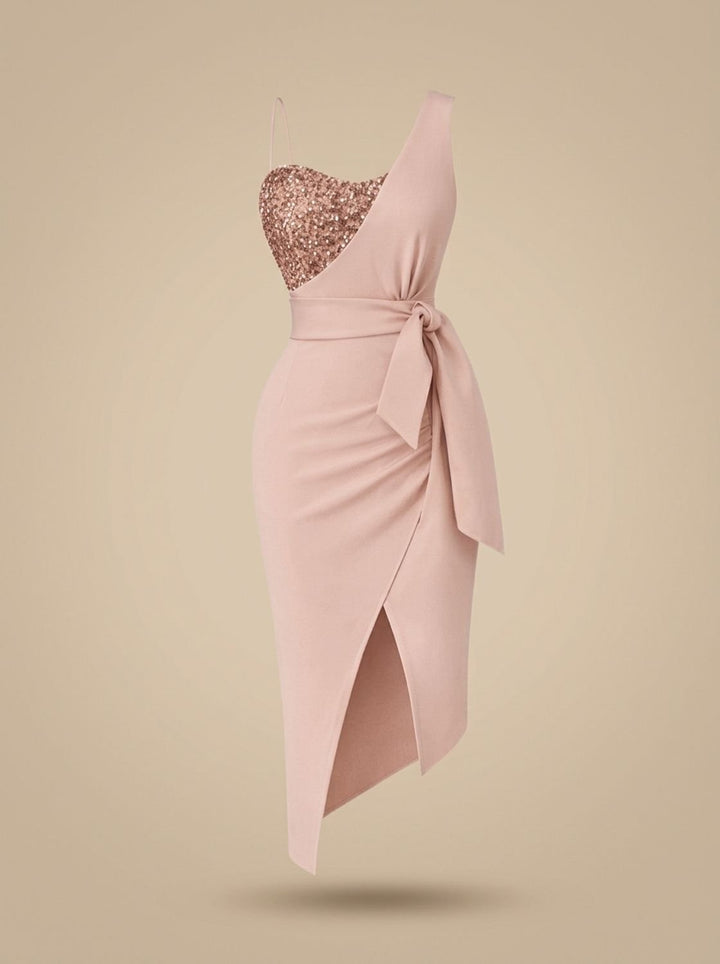 Freya | Ladies Sequin One-Shoulder Evening Dress with Bow Belt