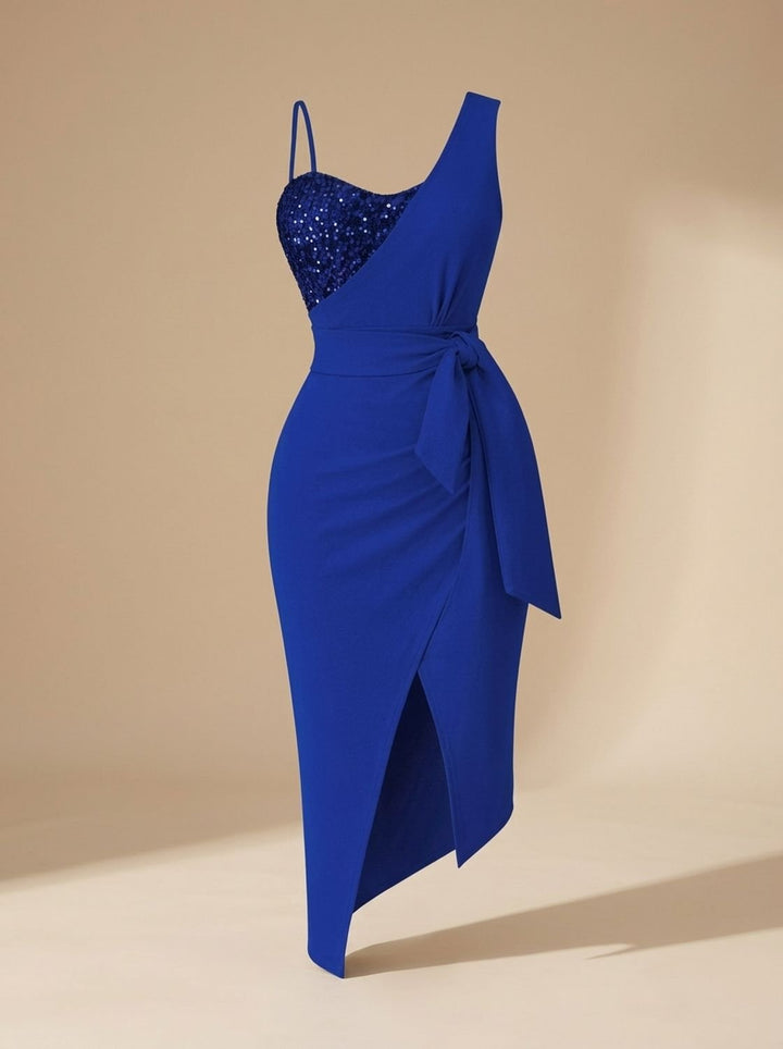 Freya | Ladies Sequin One-Shoulder Evening Dress with Bow Belt