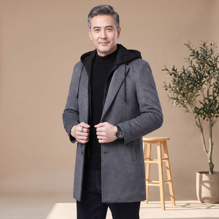 Dylan | Men's Longline Trench Coat with Hood and Notch Lapels