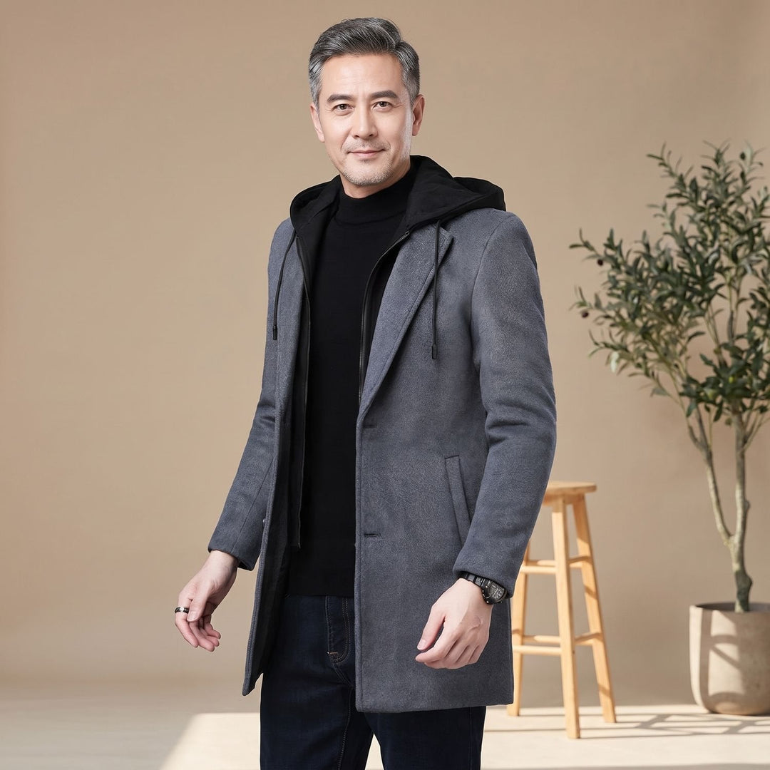 Dylan | Men's Longline Trench Coat with Hood and Notch Lapels