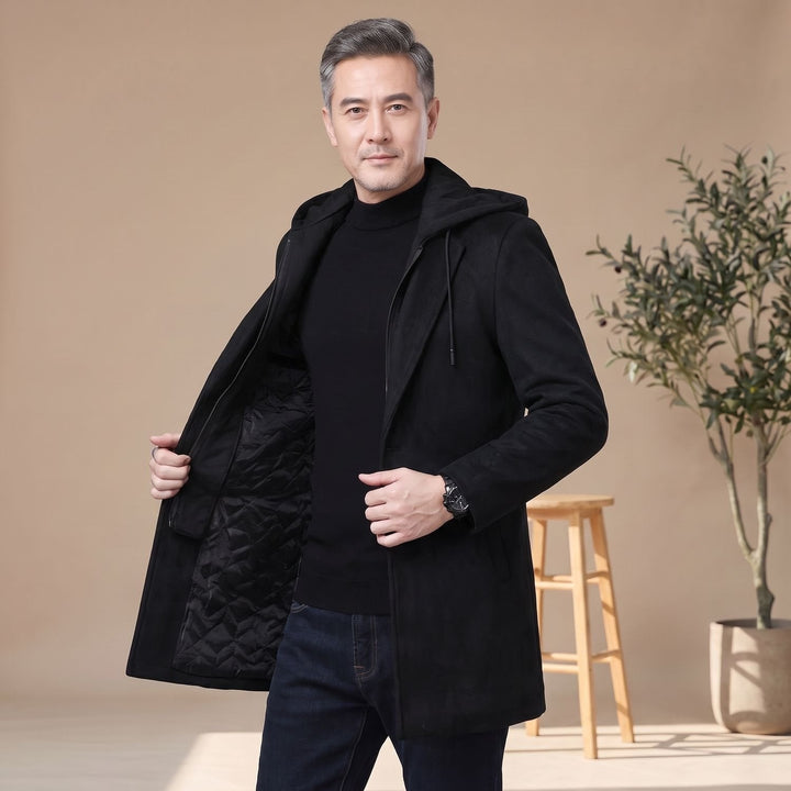 Dylan | Men's Longline Trench Coat with Hood and Notch Lapels