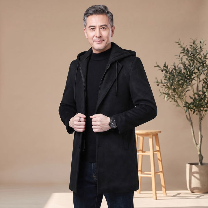 Dylan | Men's Longline Trench Coat with Hood and Notch Lapels