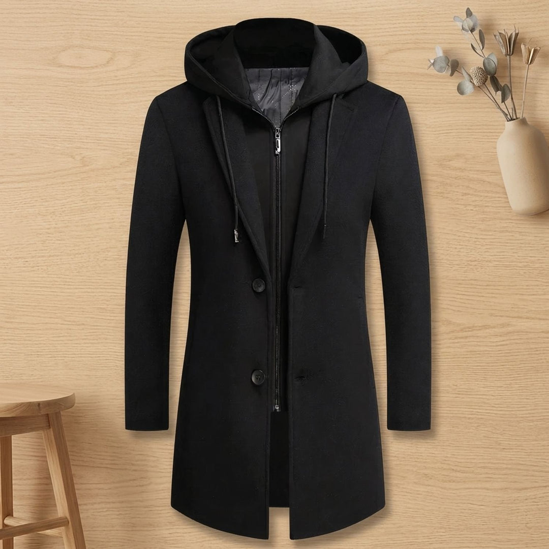 Dylan | Men's Longline Trench Coat with Hood and Notch Lapels