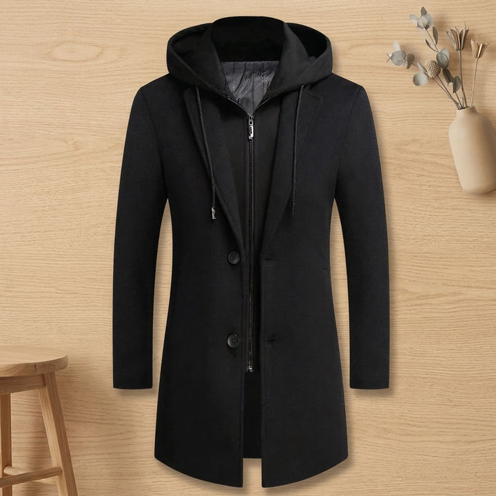 Dylan | Men's Longline Trench Coat with Hood and Notch Lapels