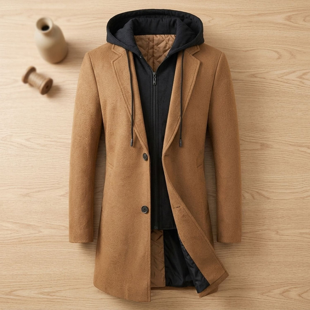 Dylan | Men's Longline Trench Coat with Hood and Notch Lapels