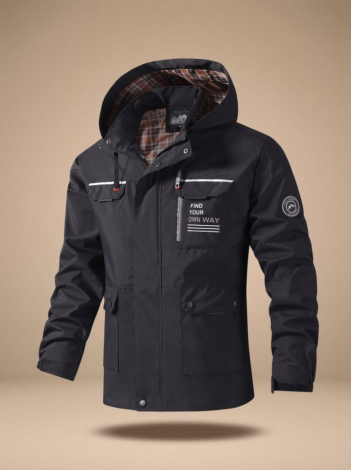 Tom | Men's Water-Repellent Outdoor Jacket with Hood and Multiple Pockets, Black