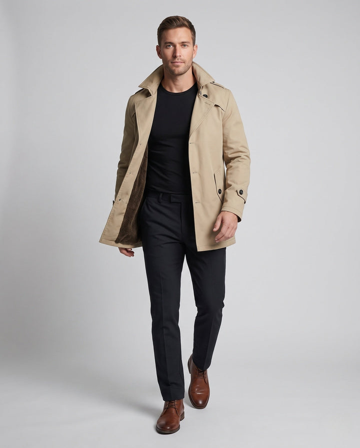 Men's Canvas Field Coat with Teddy Lining, Notched Collar and Epaulettes