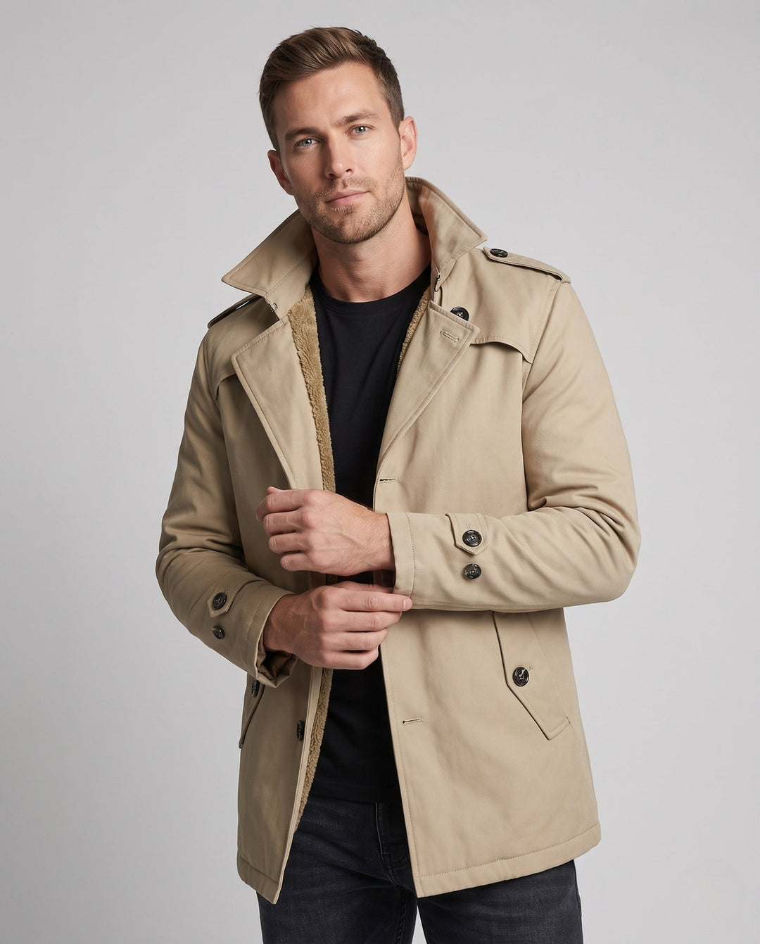 Men's Canvas Field Coat with Teddy Lining, Notched Collar and Epaulettes