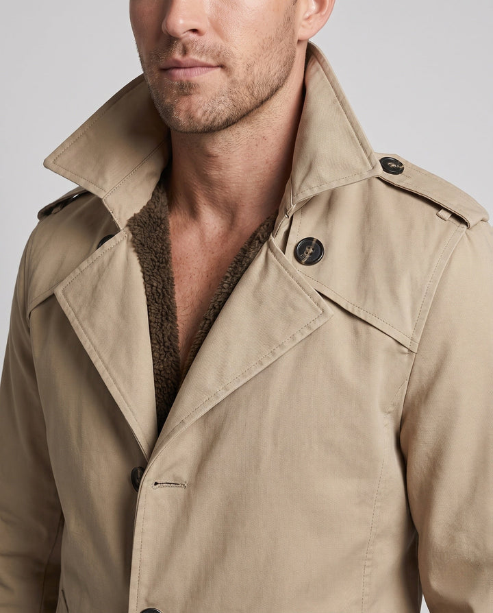 Men's Canvas Field Coat with Teddy Lining, Notched Collar and Epaulettes