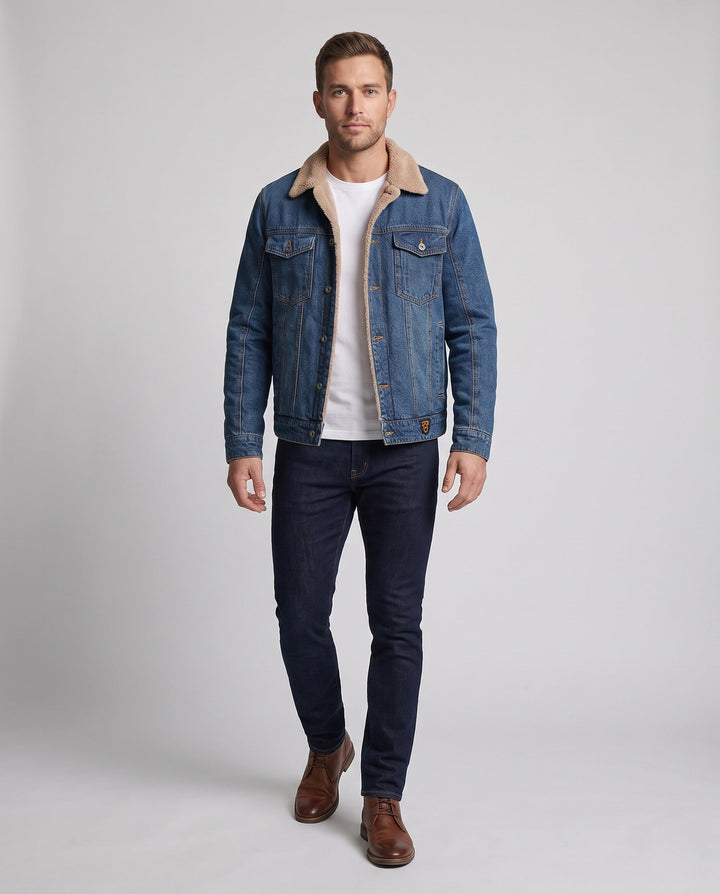 Men's Casual Denim Work Jacket with Warming Teddy Lining and Shirt Collar