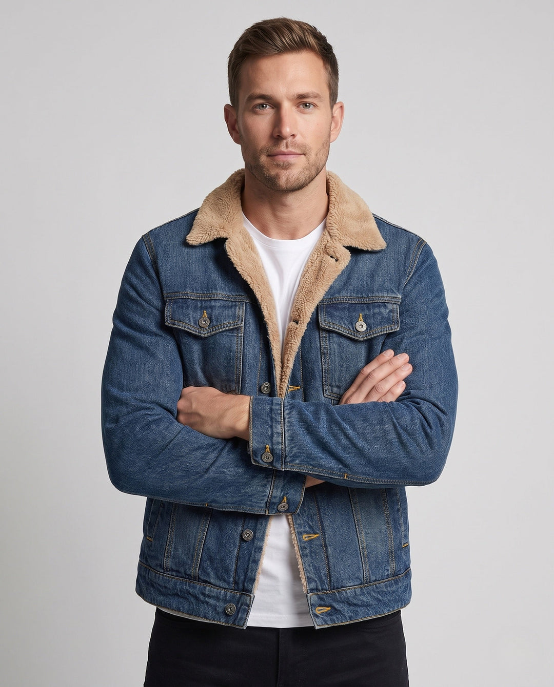 Men's Casual Denim Work Jacket with Warming Teddy Lining and Shirt Collar