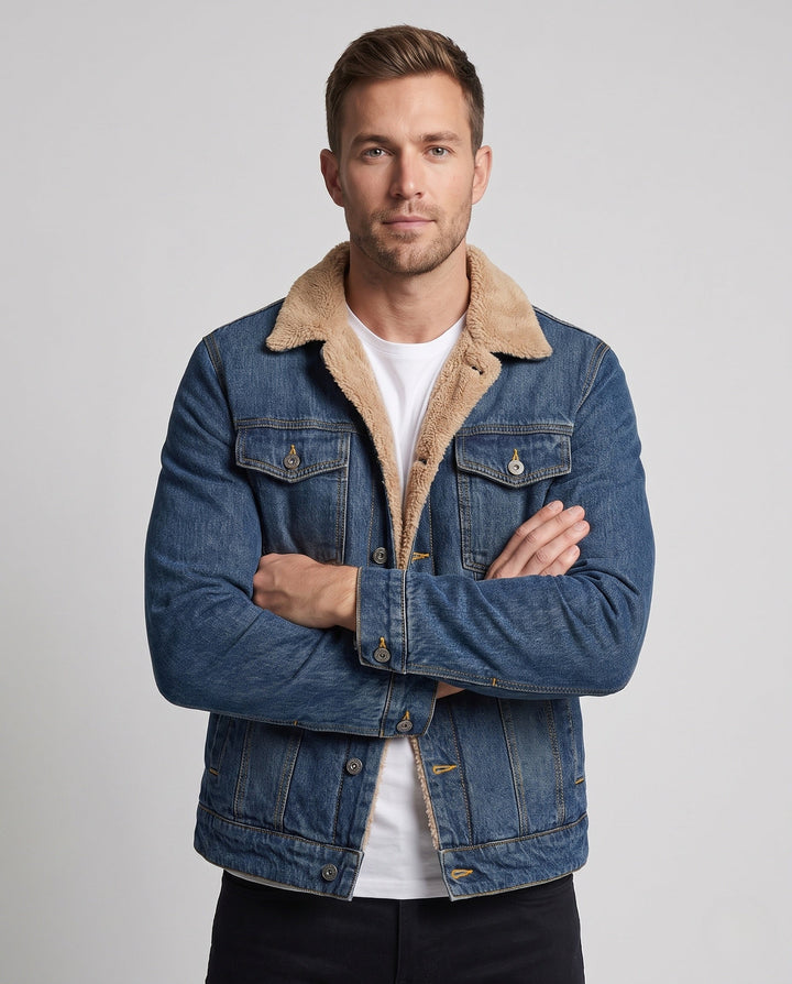 Men's Casual Denim Work Jacket with Warming Teddy Lining and Shirt Collar