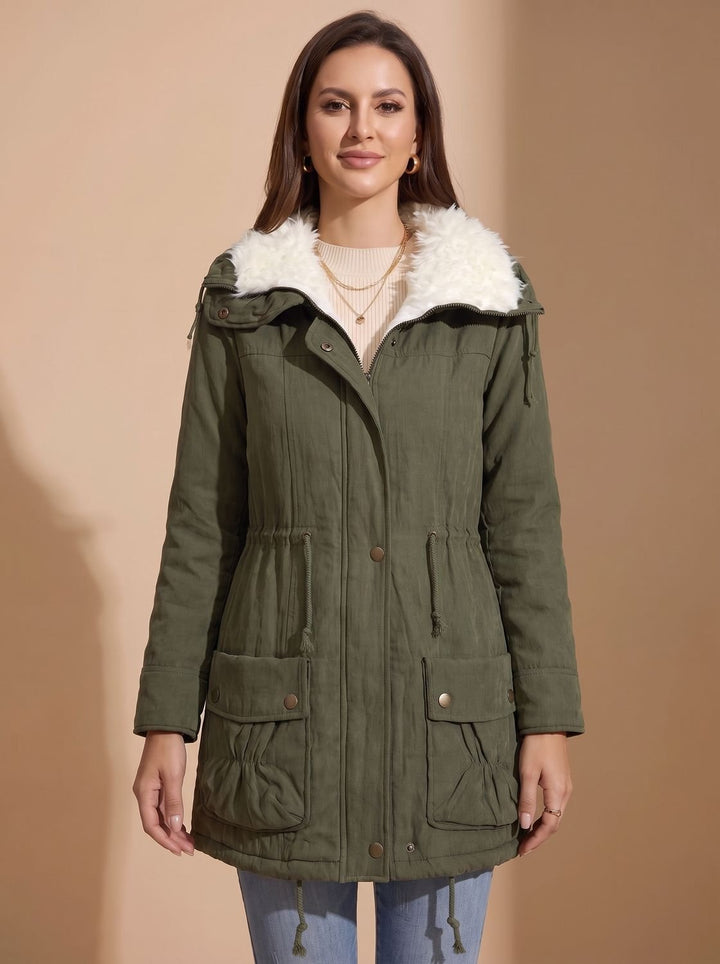 Women's Faux-Fur Collar Drawstring-Waist Mid-Length Winter Parka