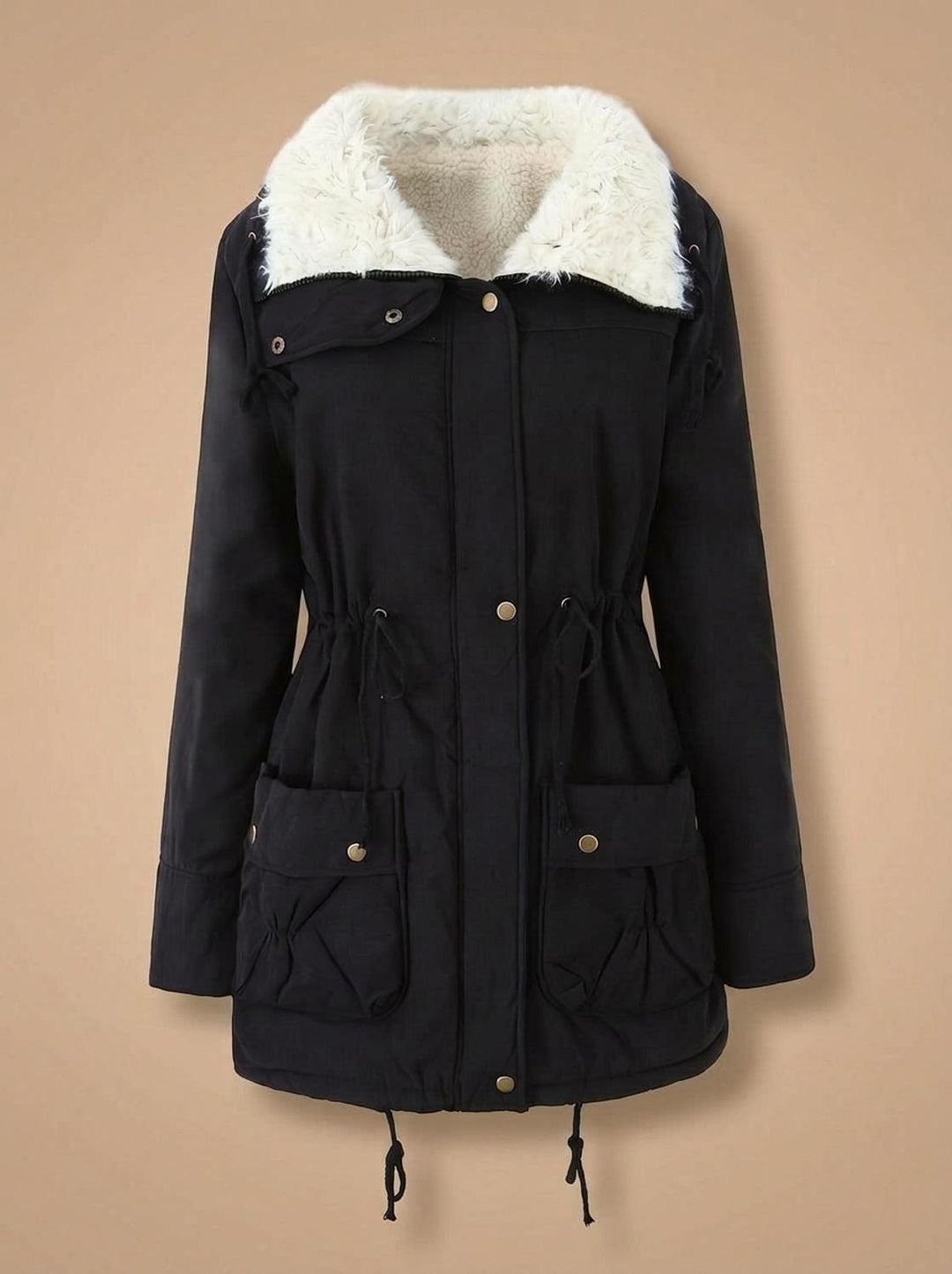 Women's Faux-Fur Collar Drawstring-Waist Mid-Length Winter Parka